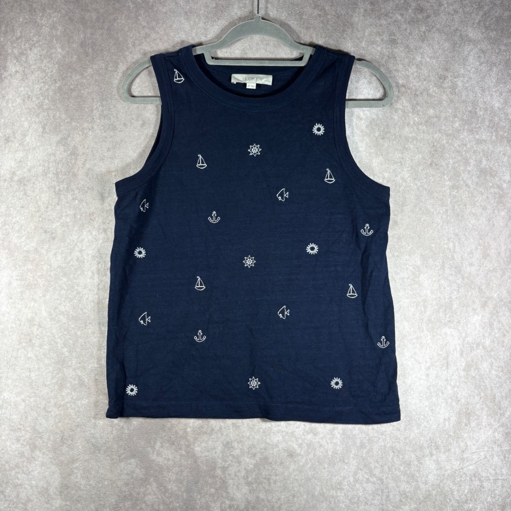 Loft‎ Tank Top Women MP Blue Nautical Embroidered Cotton Sleeveless Coastal NEW